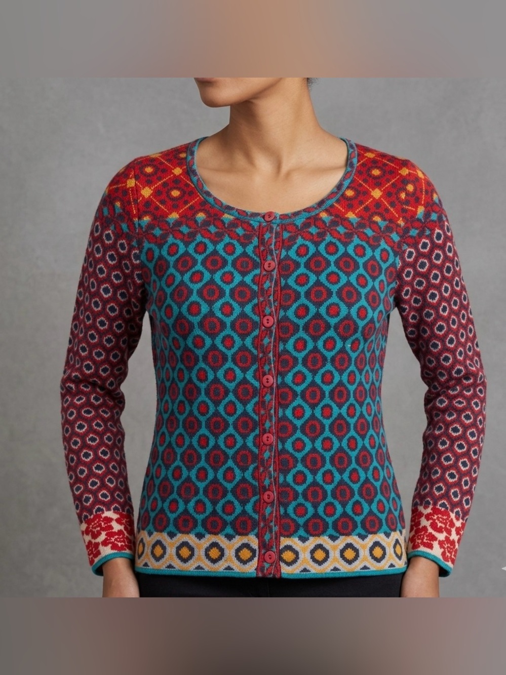 IVKO Wool Cardigan EU 38 Marine Blue Geometric Jacquard Knit Designer 100% Wool